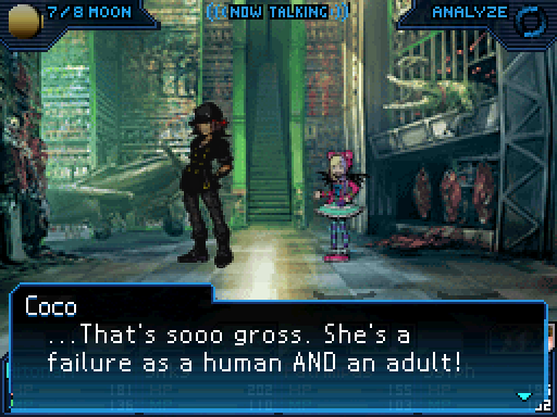An edit of a screenshot from Shin Megami Tensei: Strange Journey, with Atarashi and Minamimoto as demons. The text caption has Coco saying, '...That's so gross! She's a failure as a human AND an adult!'