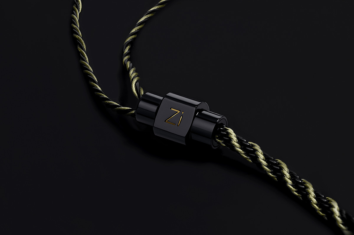Close-up of a braided IEM cable with Zi metal splitter