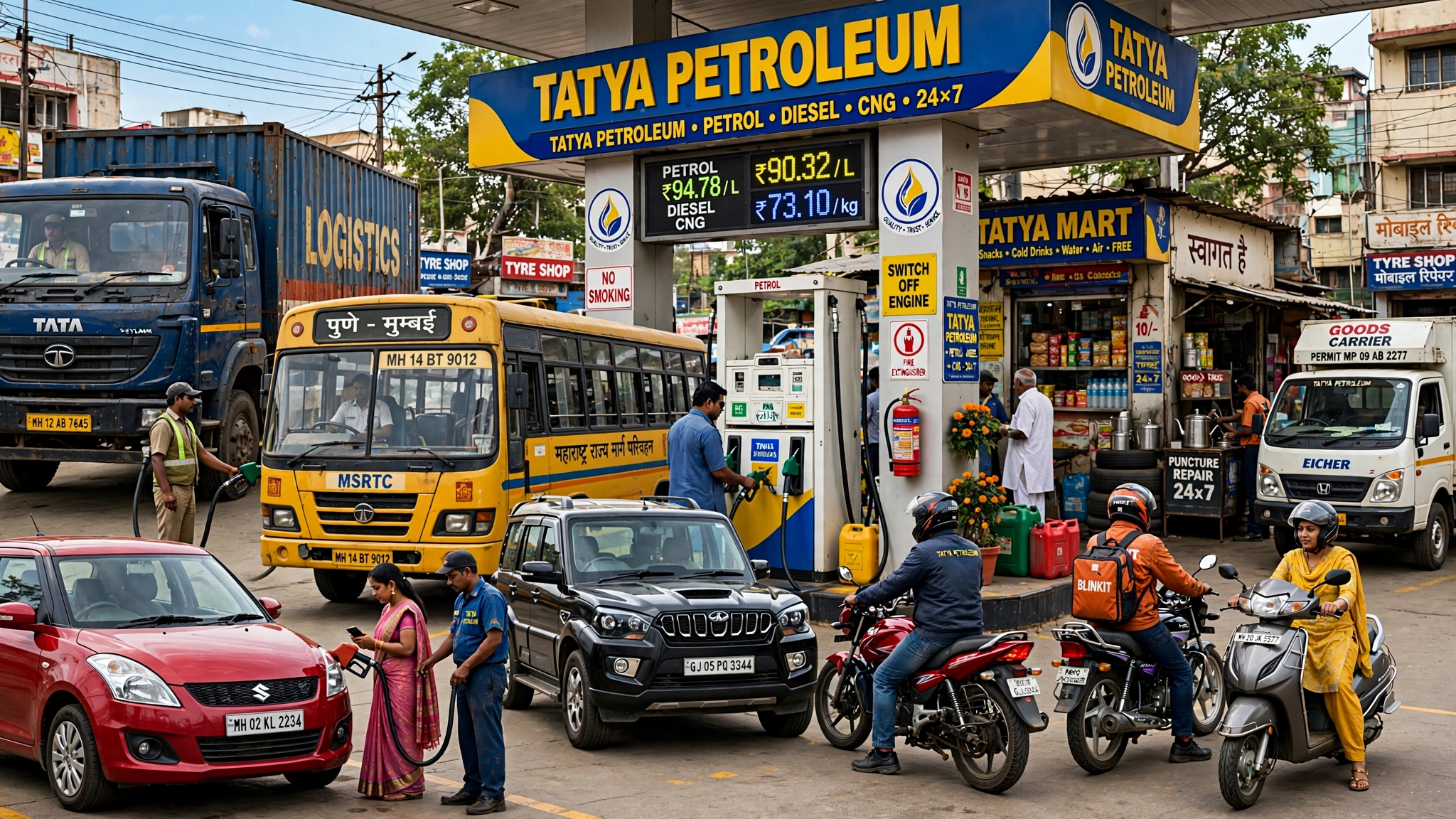 Daytime forecourt with cars and two-wheelers refuelling in Ahmedpur, Latur