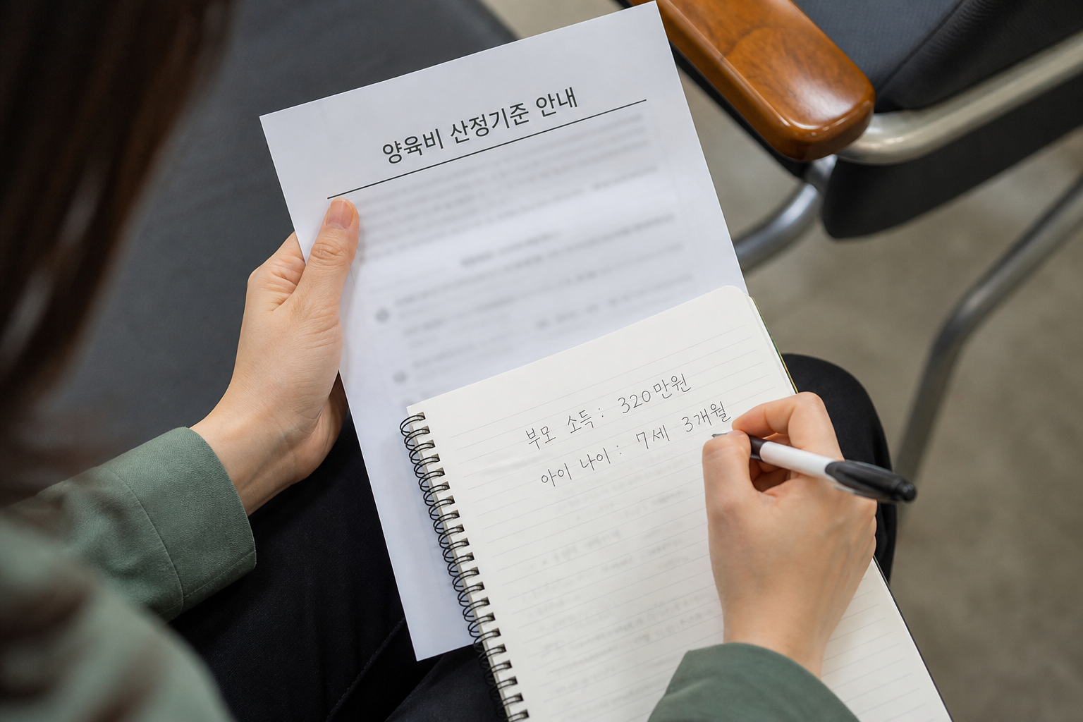 가정법원 안내자료를 참고해 부모 합산소득과 자녀 만 나이를 메모하는 보호자