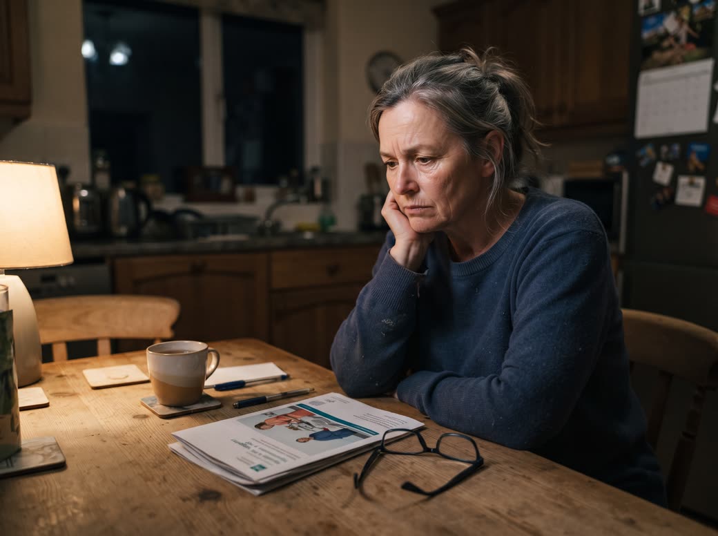 A woman sitting at her kitchen table at night with a surgery brochure, deep in thought