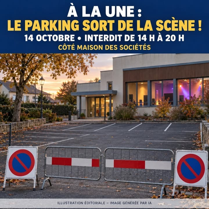Parking vide avec barrières mobiles et panneaux d'interdiction, devant un bâtiment moderne aux fenêtres éclairées au coucher du soleil.