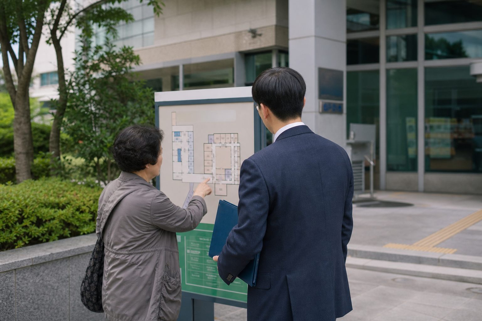 피해사실확인서 제출기관을 찾기 위해 관공서 안내 공간을 확인하는 주민