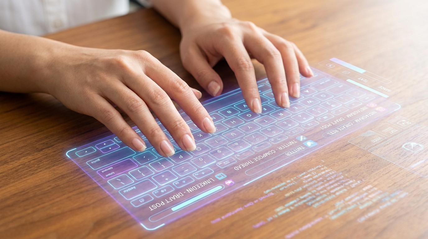 Hands typing detailed AI prompts on a holographic keyboard for AI content repurposing.