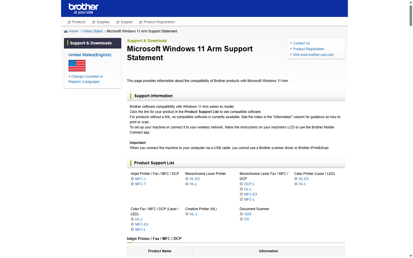 Brother 미국 Windows 11 ARM 안내에 명시된 USB 스캔 소프트웨어 제한