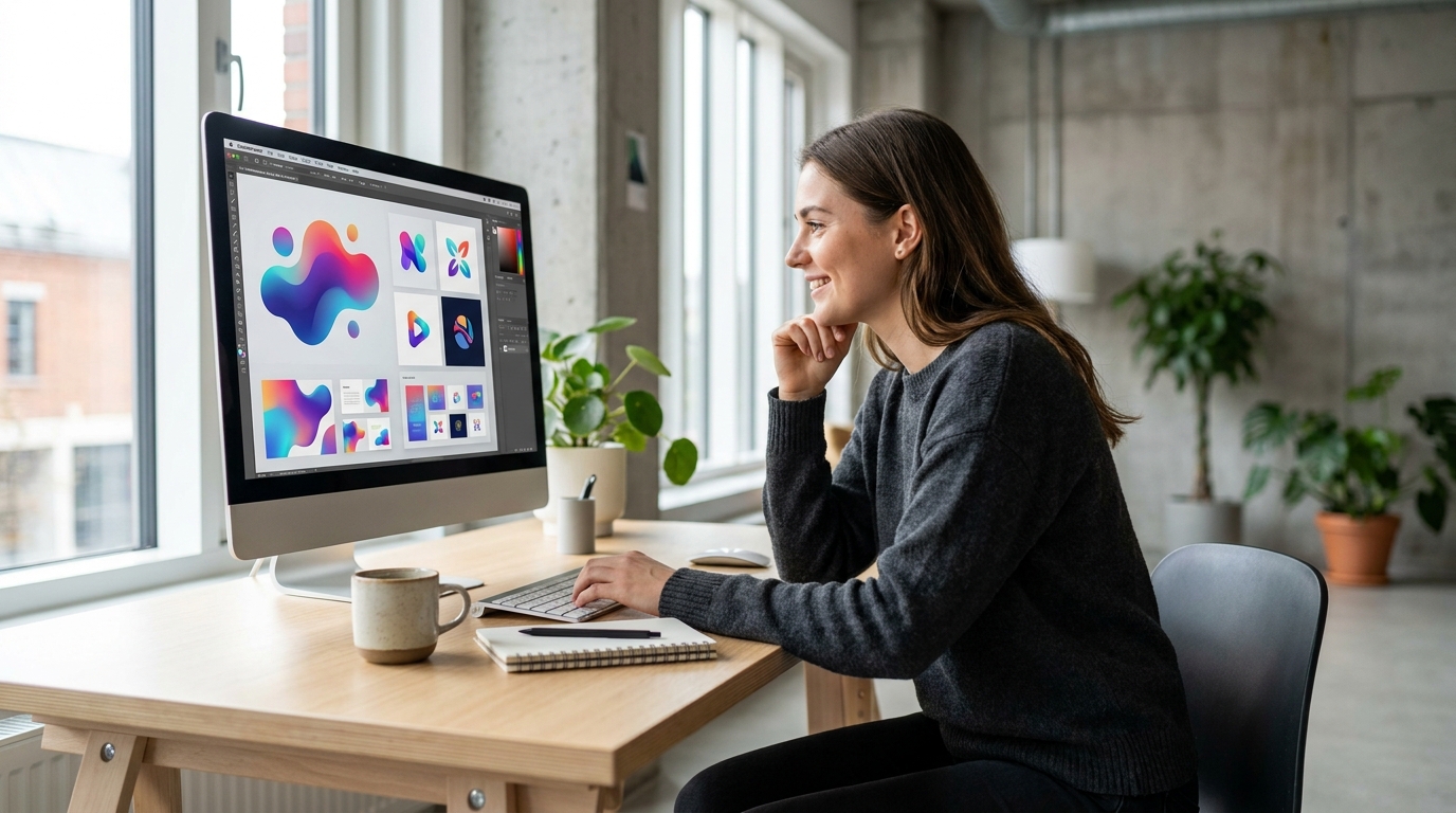A graphic designer works collaboratively with AI tools on a computer screen, showcasing human-AI partnership in design.