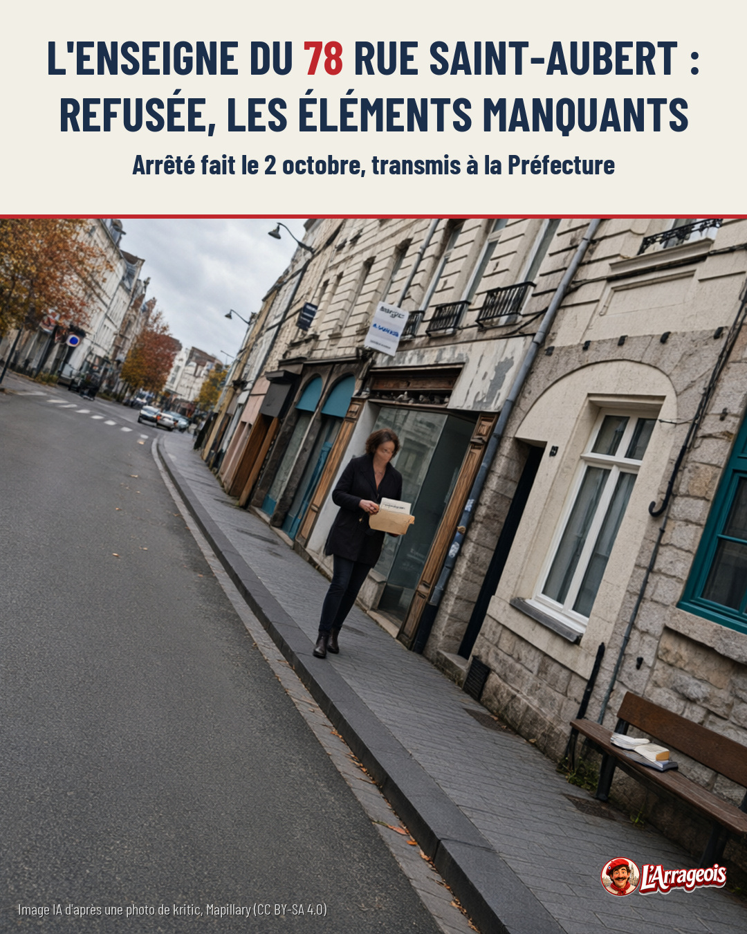 Une femme en manteau noir marche sur un trottoir en pierre devant des immeubles anciens, tenant un dossier, sur une rue d'Arras.