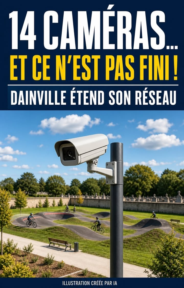 Une caméra de surveillance fixée sur un poteau, devant un parc avec des pistes de BMX, des cyclistes, des arbres et un ciel bleu.