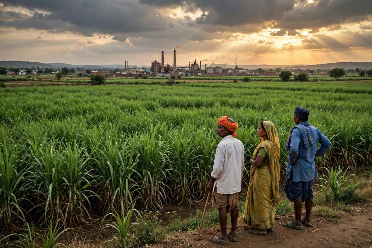 महाराष्ट्र के गन्ने के खेत और दूर दिखती चीनी मिल