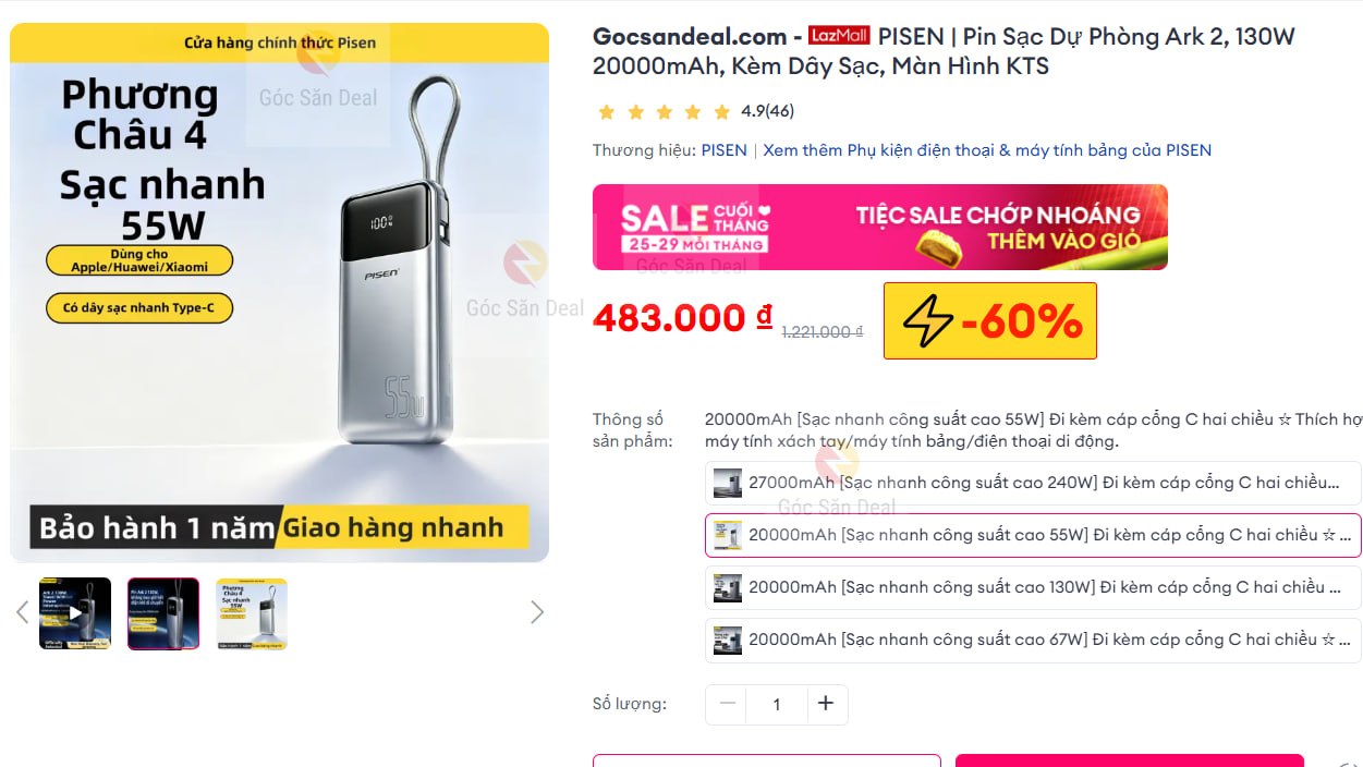 PISEN | Pin Sạc Dự Phòng Ark 2, 130W 20000mAh, Kèm Dây Sạc, Màn Hình KTS