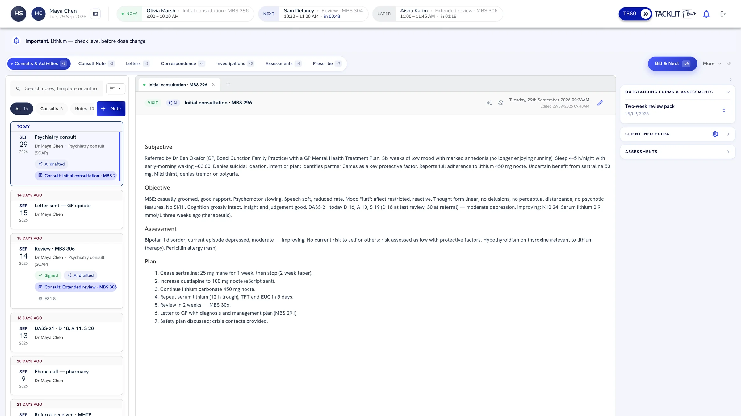 Flow Consults and Activities tab showing a client's full history of consults, letters, DASS-21 results and referrals, with a consult note open