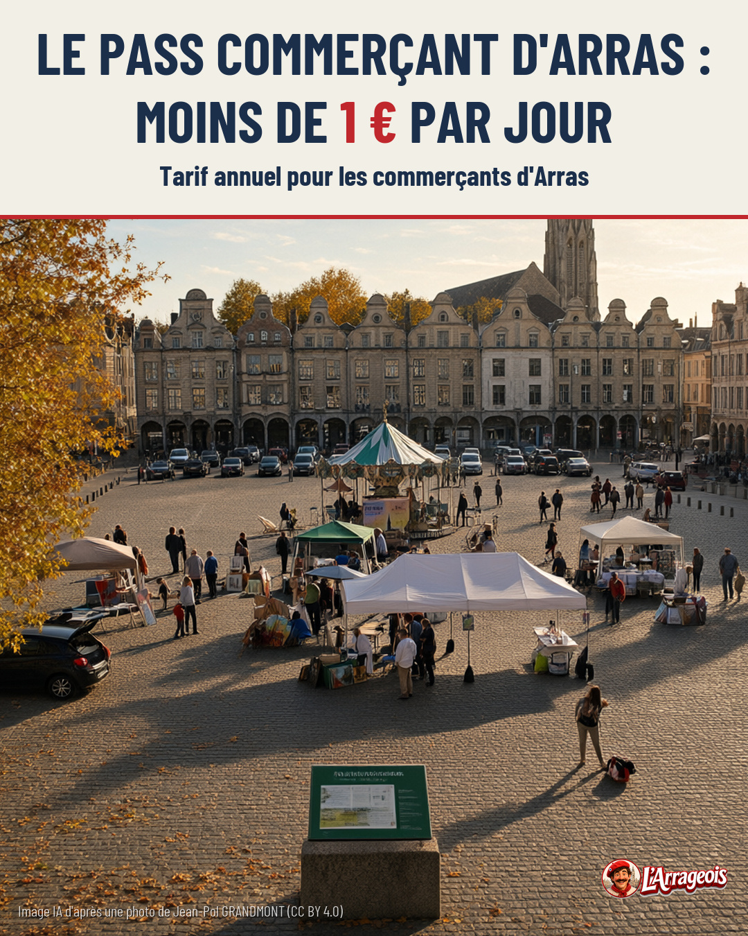 Place pavée d'Arras avec des étals de marché, des tentes blanches et vertes, des piétons et des bâtiments historiques en arrière-plan.