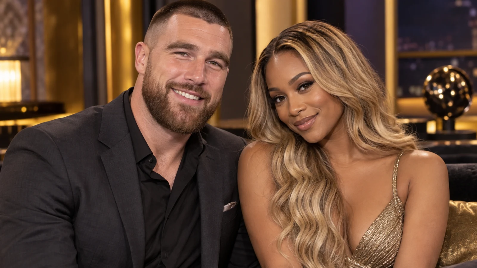 AI editorial composite showing Travis Kelce together with Maya Benberry