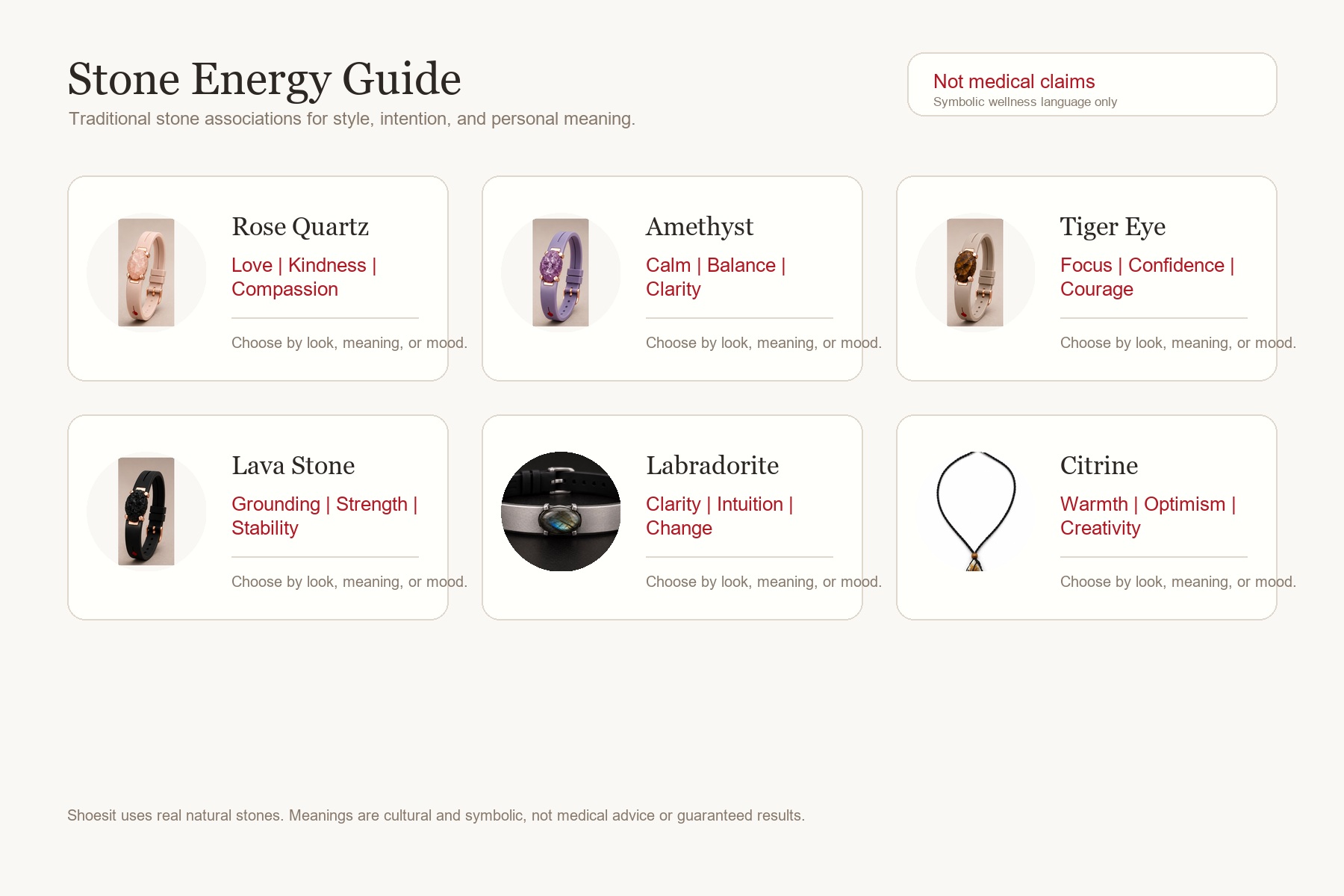 Shoesit stone energy guide with symbolic meanings and no medical claims