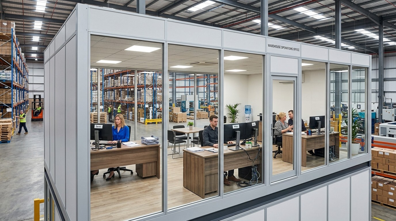 Modern modular in-plant office interior with climate control and workstations
