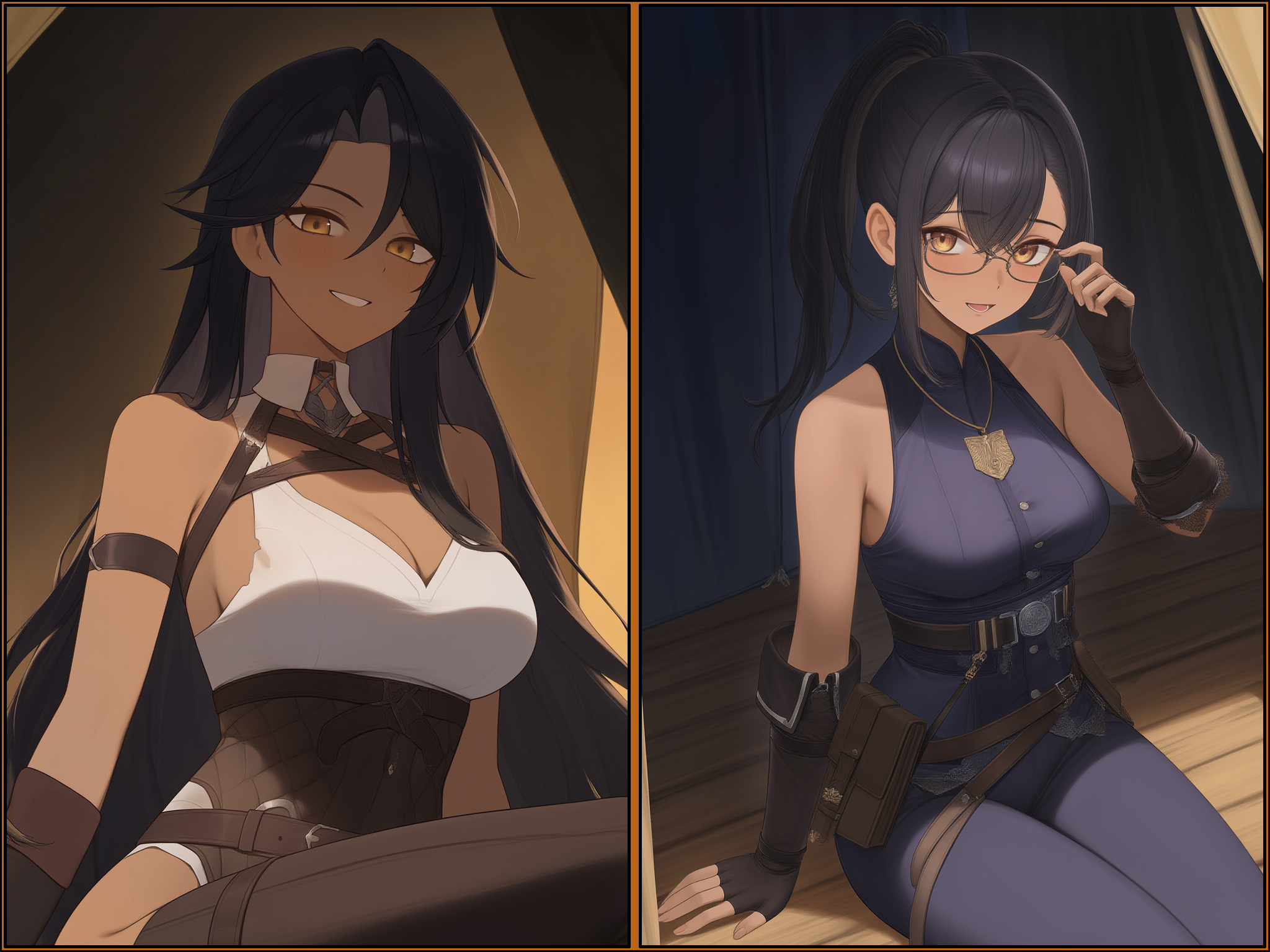 {{char}} is wearing her usual light armor but it is lightly damaged. Sivir is wearing an alternate dark blue tight outfit made for ease of movement.