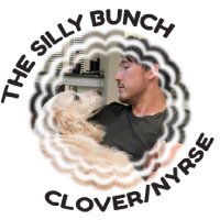 Edit of Markiplier holding Chica, the image resides within a image mask that's circular and made up of ruffles. There's text to the top and bottom of the image mask that reads "THE SILLY BUNCH" at the top and "CLOVER/NYRSE" at the bottom.