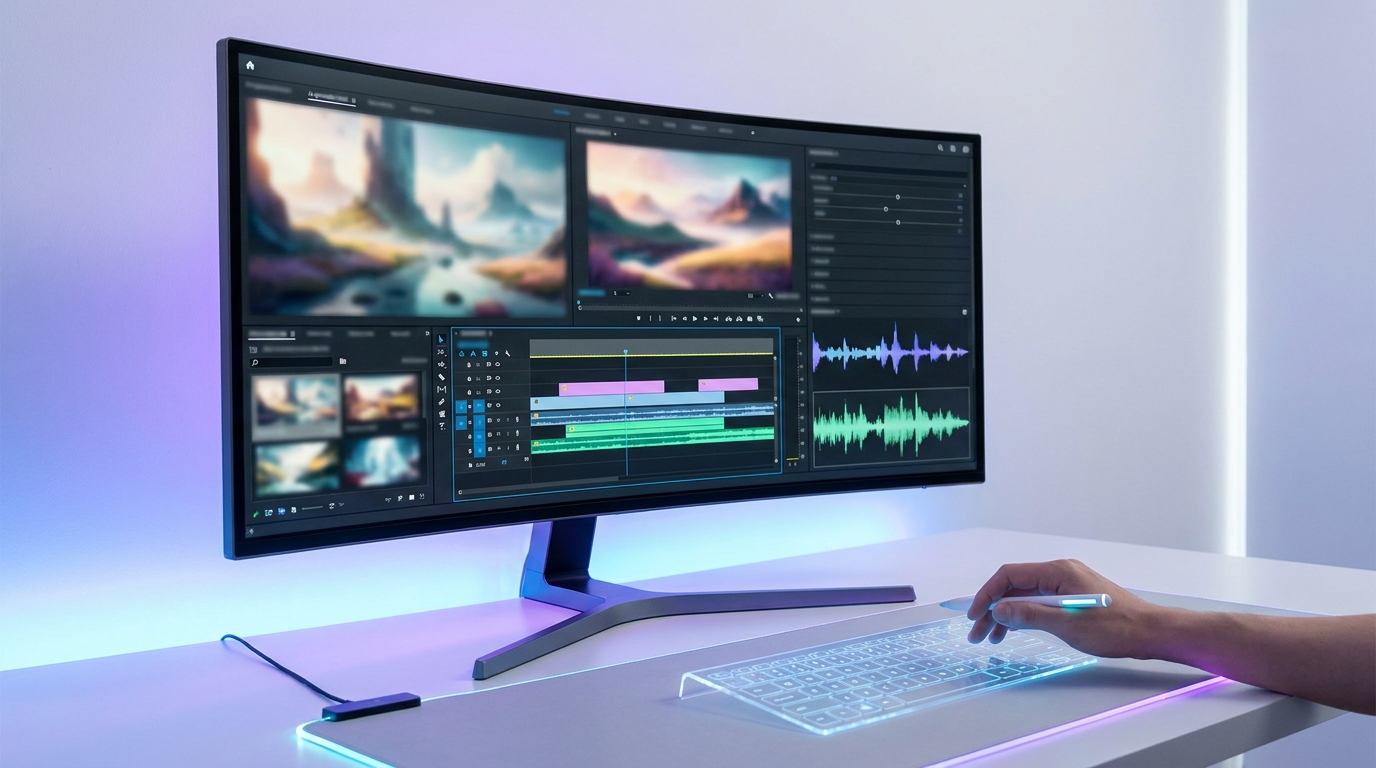 AI-powered creative studio interface for marketing visuals and audio, showing generative AI in action.
