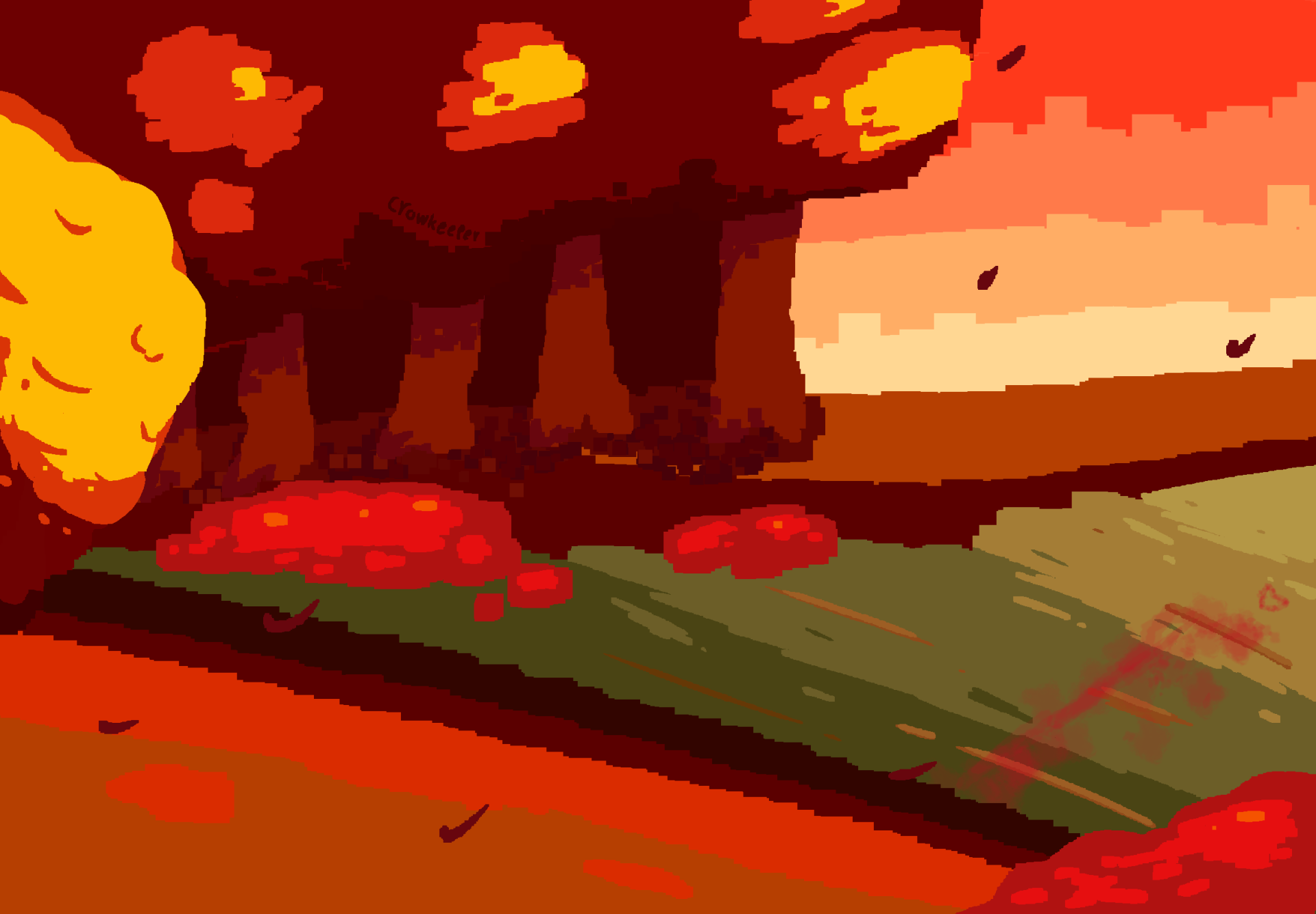 A drawing of the lake in DELTARUNE, specifically referencing the scene in the weird route of chapter 5.