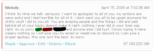 most recent guilt trippy behavior from melody, which was in the atabook below, saying that she would like to apologize. however none of us have gotten a single dm from her yet and she even went as far as to block a victim, which is stated below.
