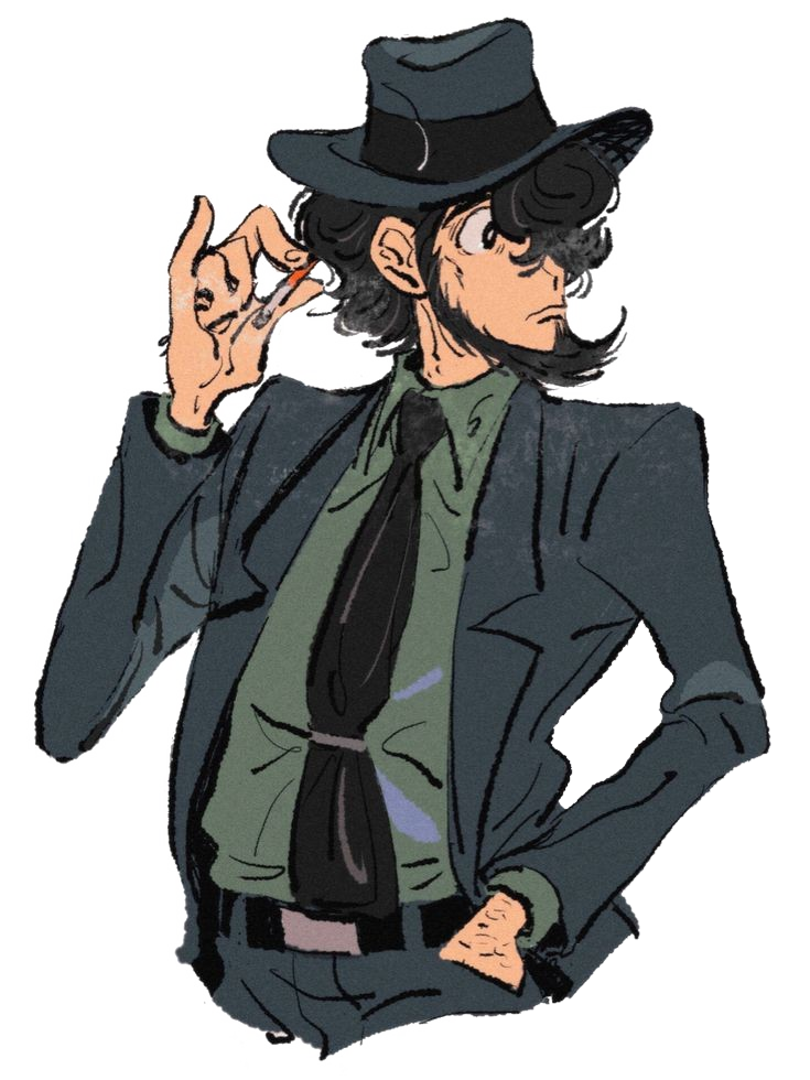 art of jigen by an unknown artist, he is holding a cigarette up to his head with his left arm, while his other arm is on his pant pocket. He is looking to the right and one of his eyes is visible, while the right one is hidden by his fluffy & curly hair.