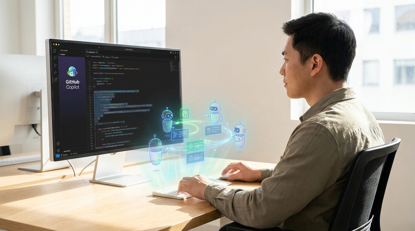 Developer using GitHub Copilot with custom AI agents for coding tasks, demonstrating human-AI collaboration.