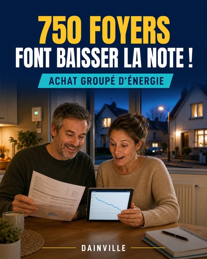 Un couple souriant consulte un document et un graphique de baisse sur une tablette, assis à une table intérieure.