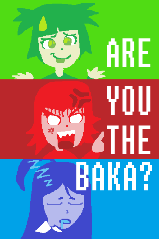 Migi: Hey there! Wanna know if you're a baka? Kaku: What a stupid question! Of course that baka is a baka! Soromon: Huh? Where the hell are we?