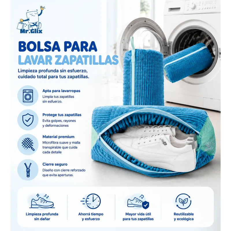 Bolsa para lavar zapatillas: apta para lavarropas, protege, material premium, cierre seguro