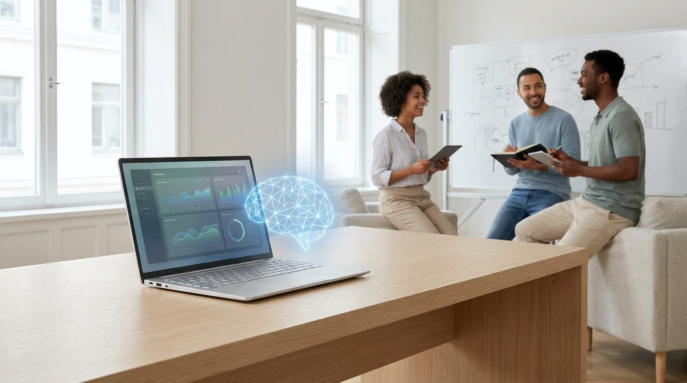 AI agent icon glowing above a laptop on a minimalist desk, showing data processing, with a creative team in the background. AI Agents for Small Business.