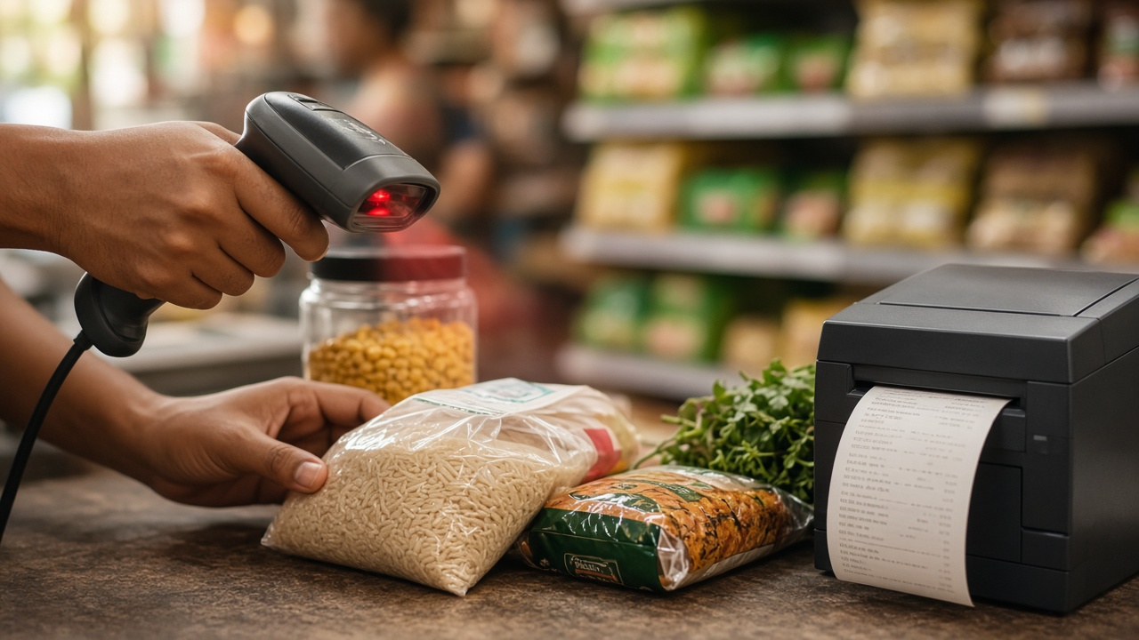 Cashier scanning products at a retail POS with receipt printer