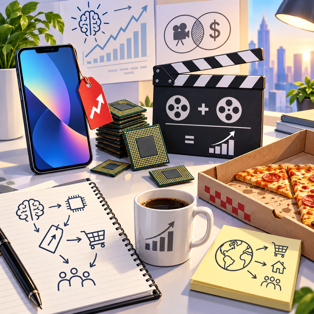 Editorial illustration: smartphone chips Hollywood and food business ripples