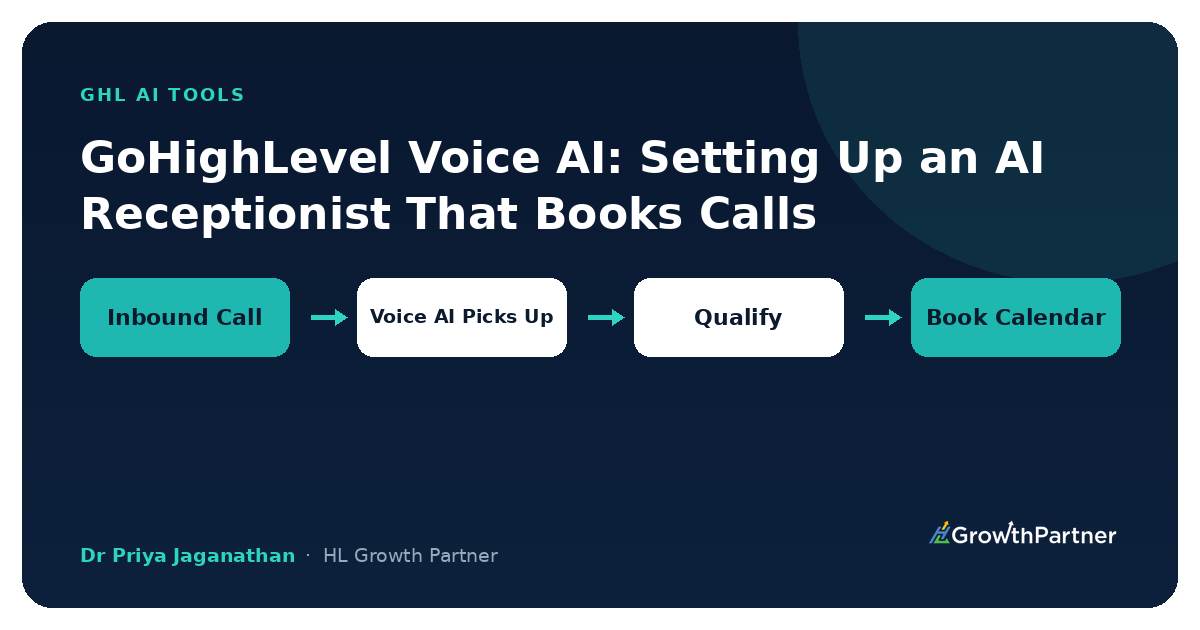 GoHighLevel Voice AI Receptionist Bookings — HL Growth Partner, Dr Priya Jaganathan