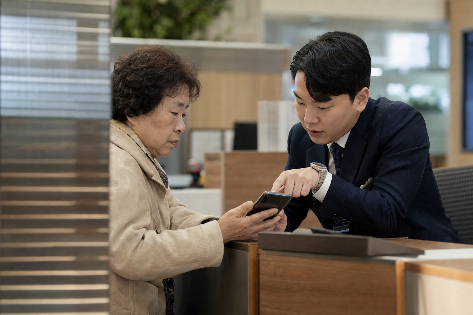 은행에서 전자증명서 수취 기관과 제출 가능 여부를 확인하는 장면