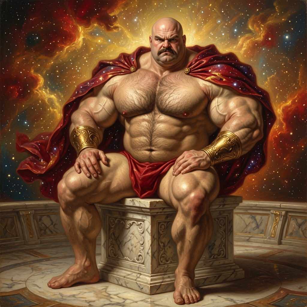 enthroned titan / red cape, gold cuffs
