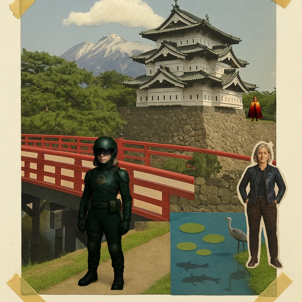 Hirosaki Castle Park Gejo - bashi red bridge with Mount Iwaki