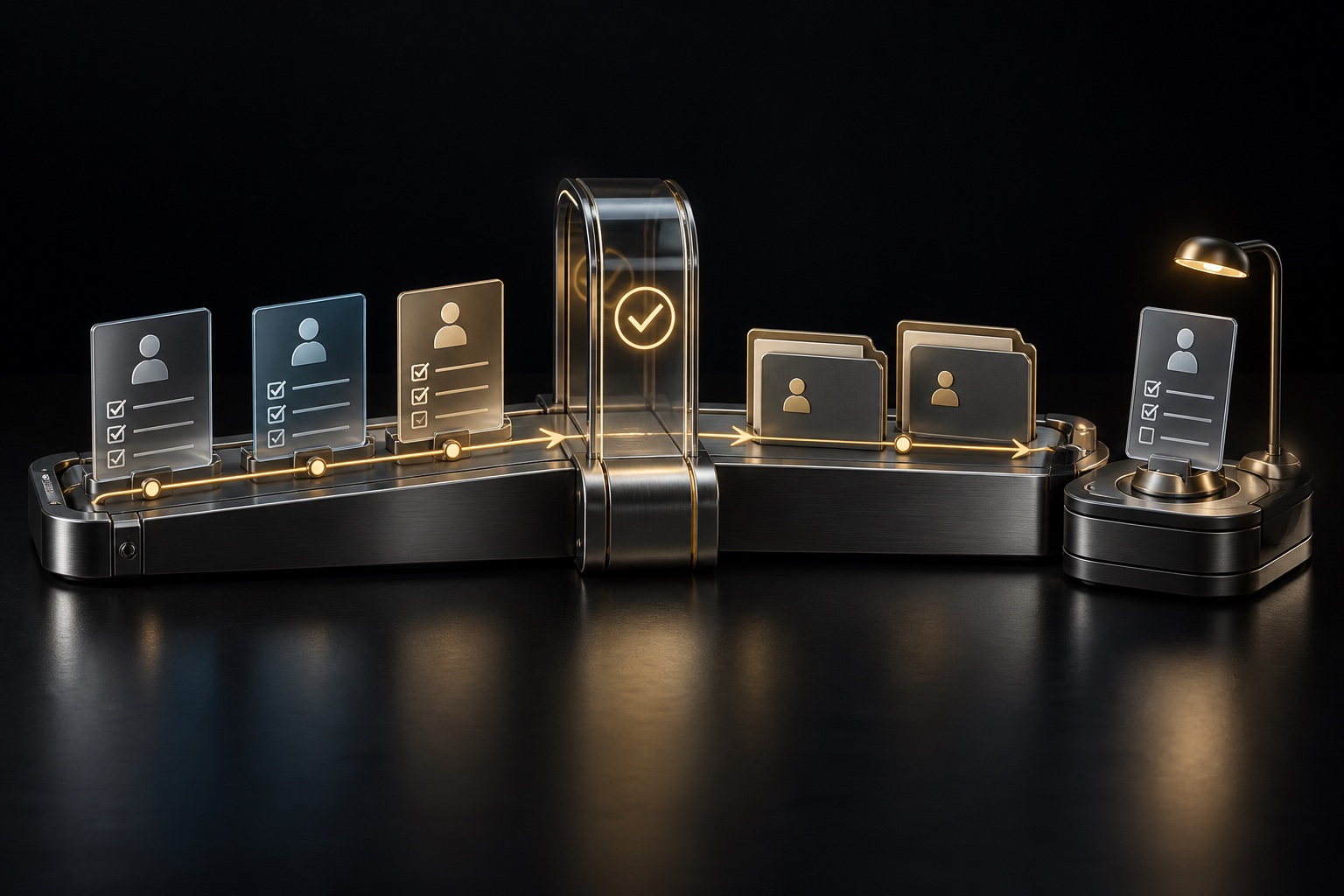 Employee request cards move through an approval gate into organized onboarding folders, with a separate request awaiting review.