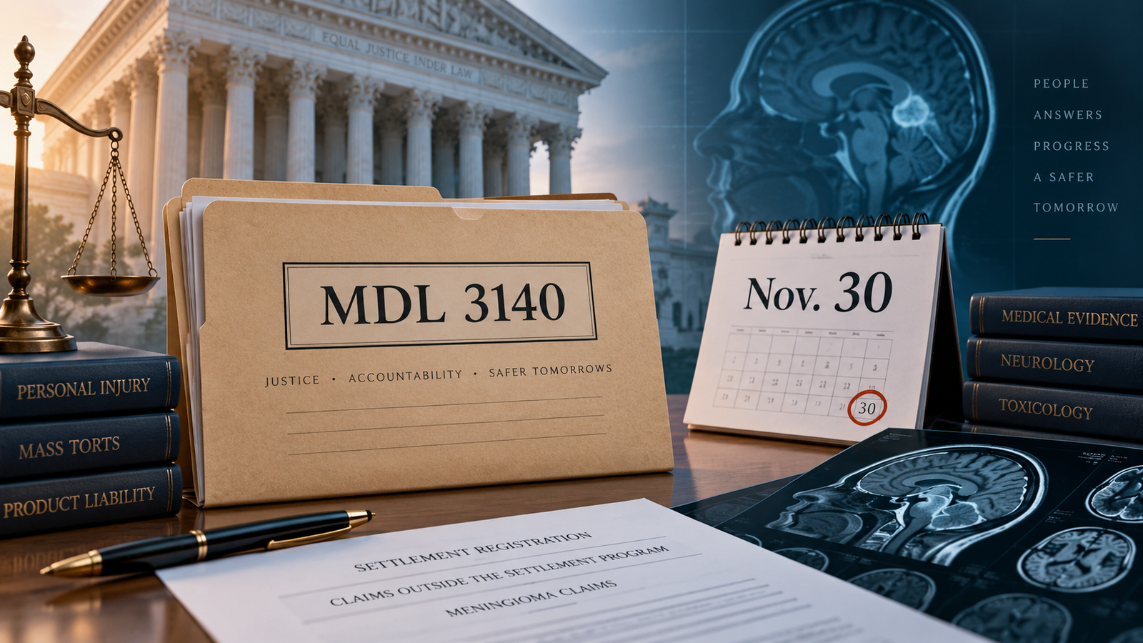 Depo-Provera MDL 3140 calendar and court-file illustration for the November 30 settlement registration deadline