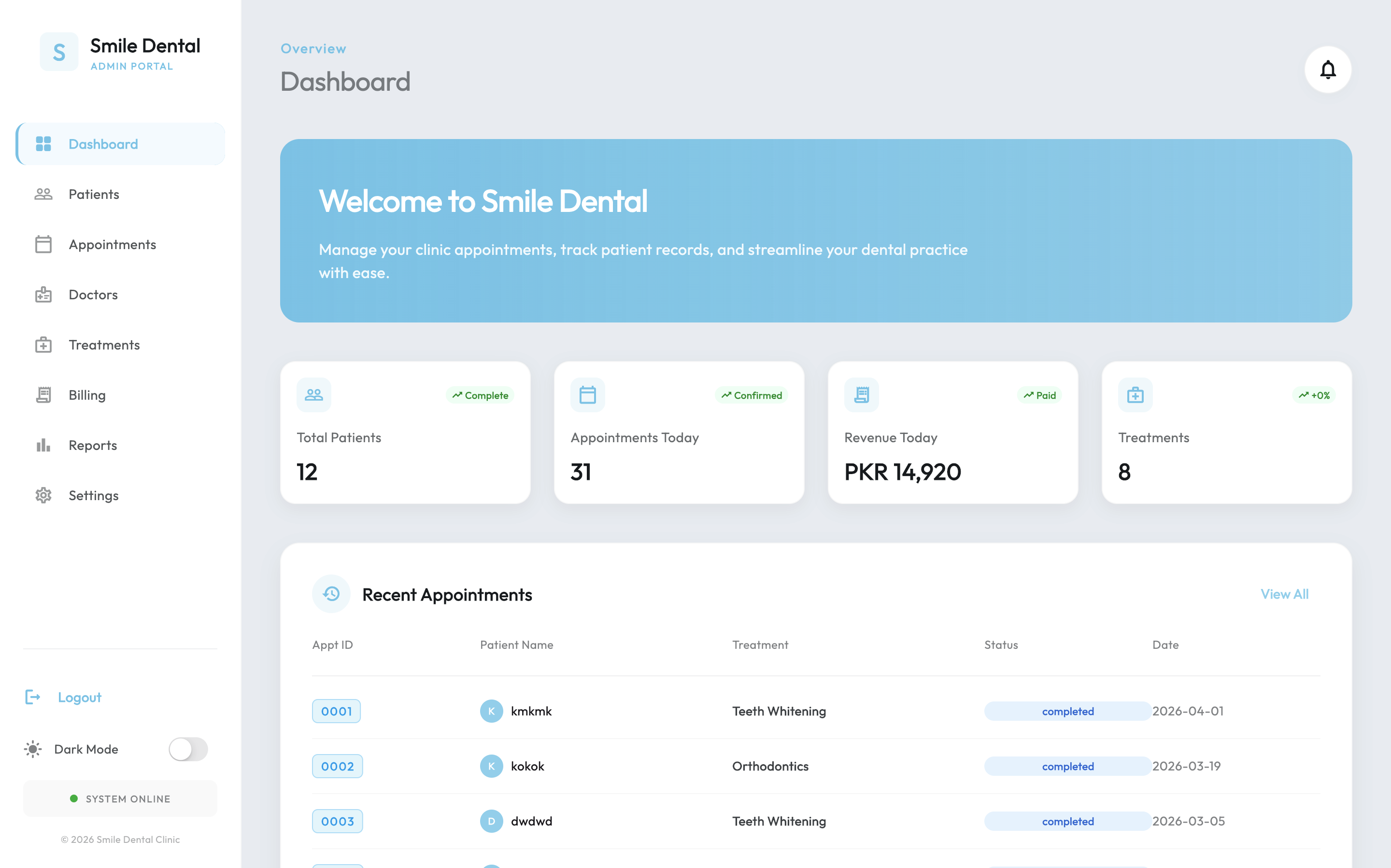 Admin Panel Appointment Details Inspector with Odontogram Strip