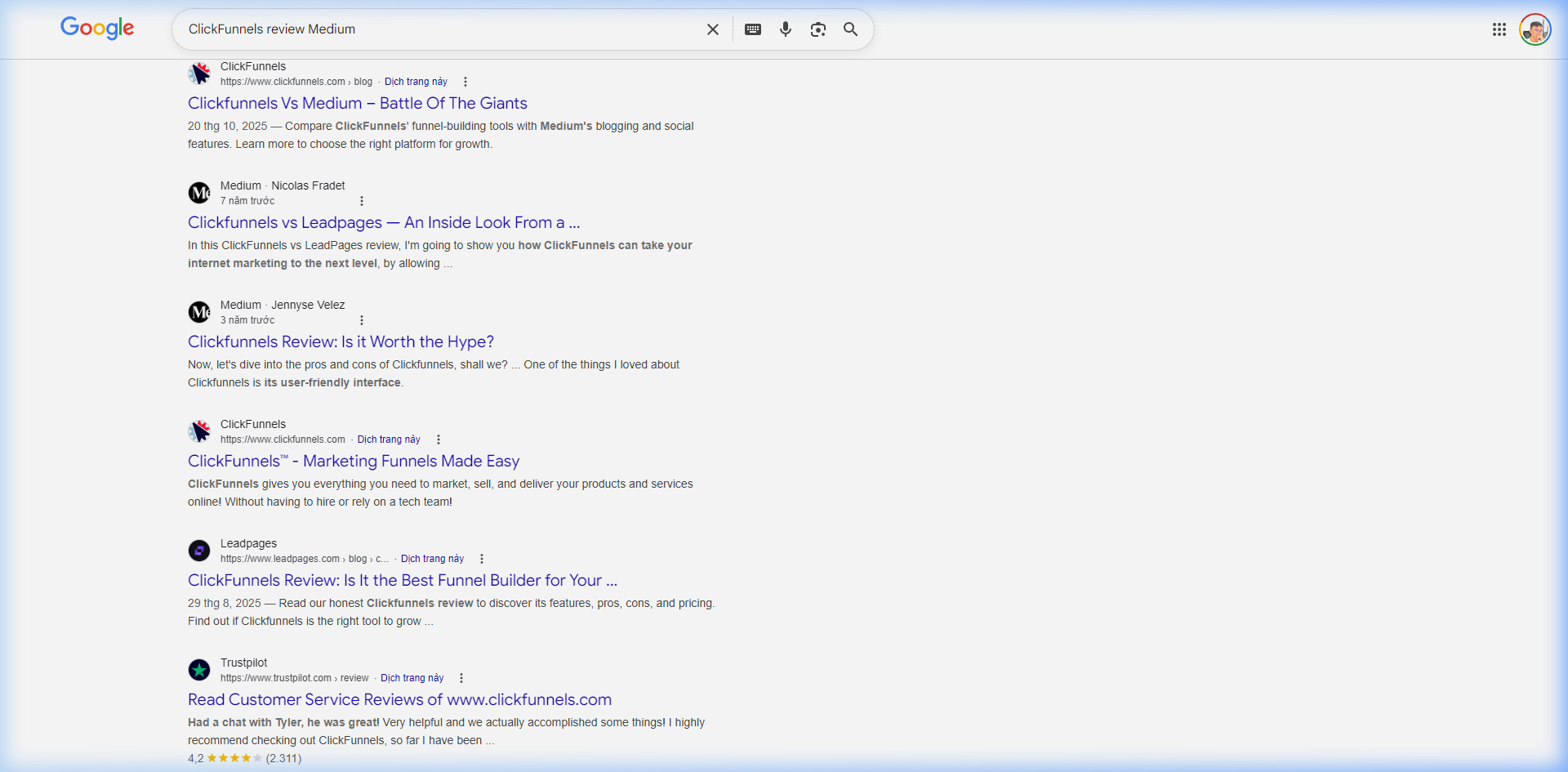 Medium articles ranking on Google page 1 for ClickFunnels review