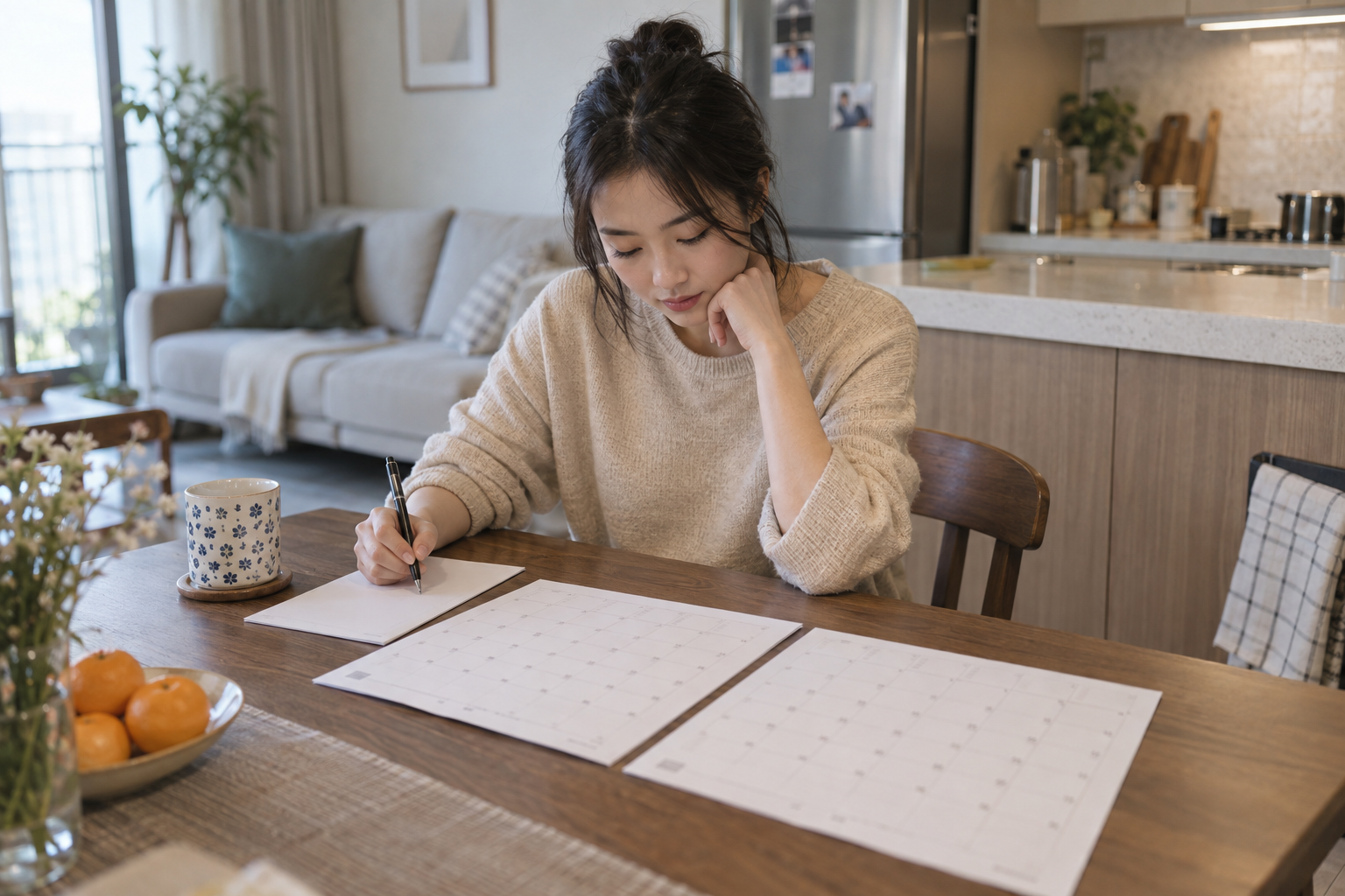 두 달 달력과 취소 기록을 비교하며 상품별 접수 기준을 확인하는 설명용 장면