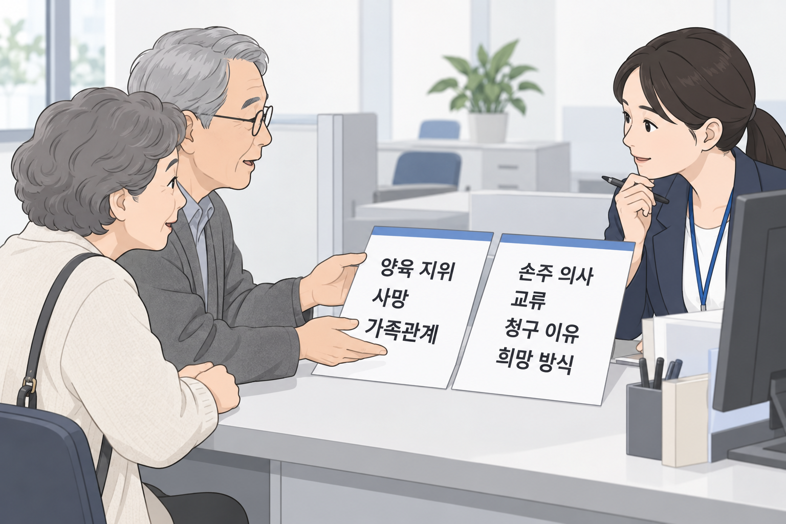 청구 자격과 손주 중심의 교류 계획을 두 메모로 나눠 설명하는 상담 준비 장면