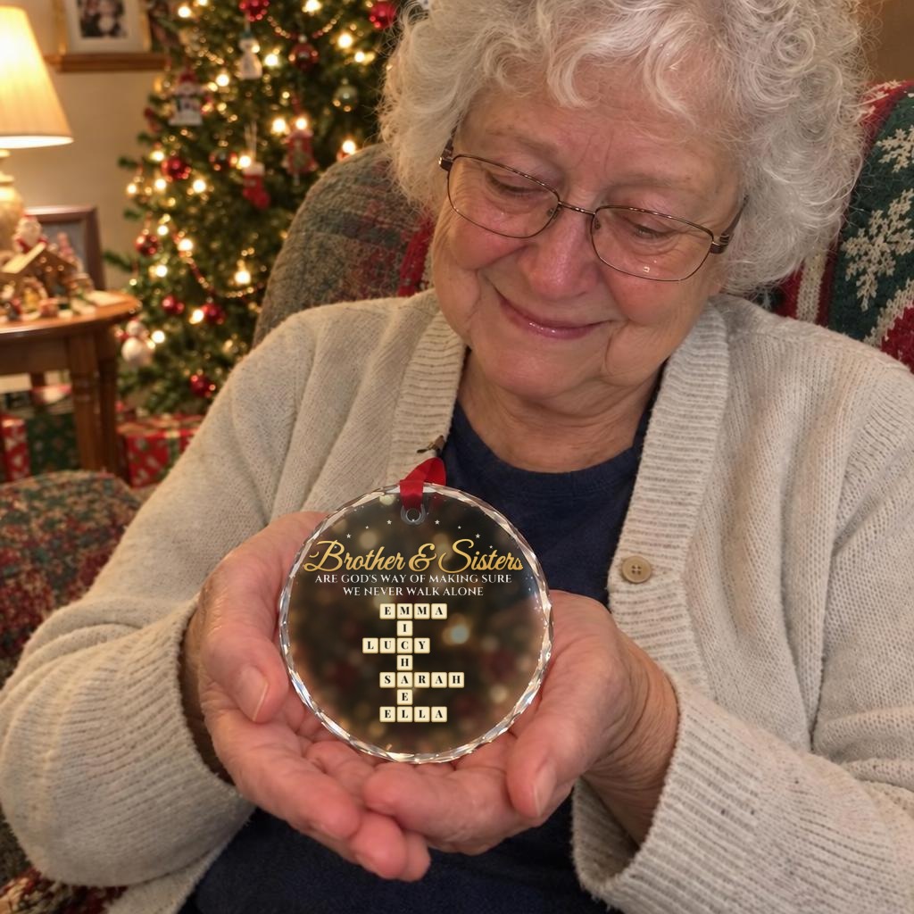 Mother holding an ornament with her five children's names