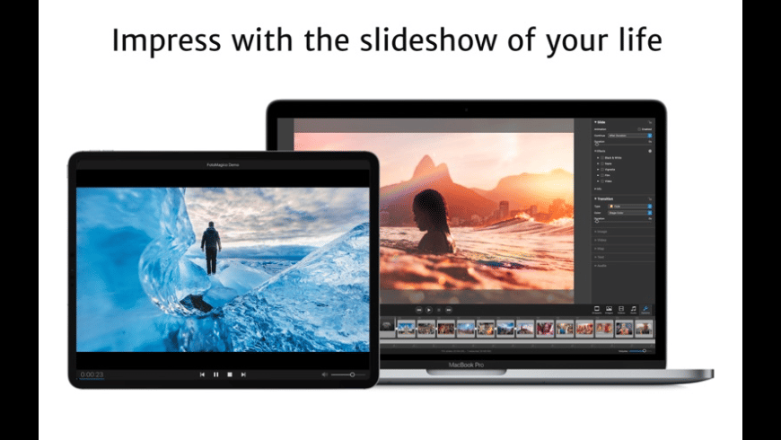 FotoMagico Mac — slideshow editor showing storyboard, image layers and animation controls