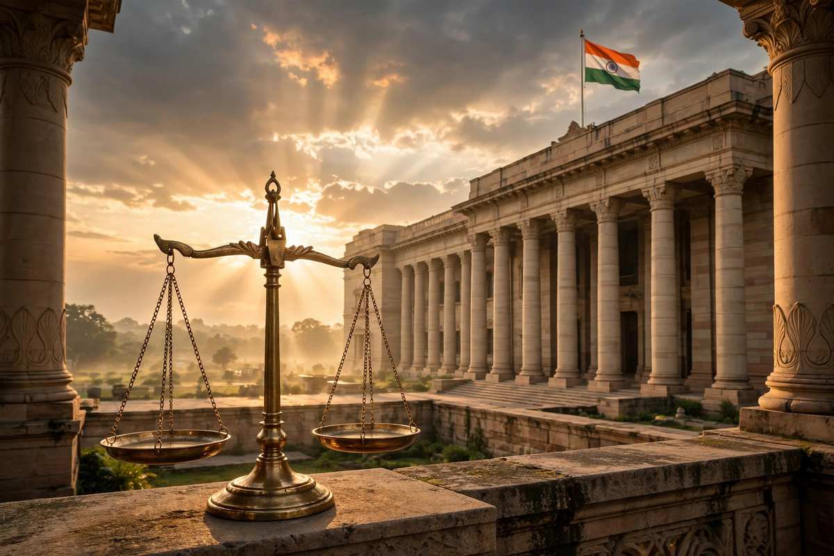 भारतीय अदालत और न्याय के तराजू का प्रतीकात्मक चित्र
