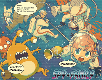spy x family official art of the main characters in space: a blonde spy, a black-haired assassin and a pink-haired telepathic child spy x family official art of the main characters in space: a blonde spy, a black-haired assassin and a pink-haired telepathic child