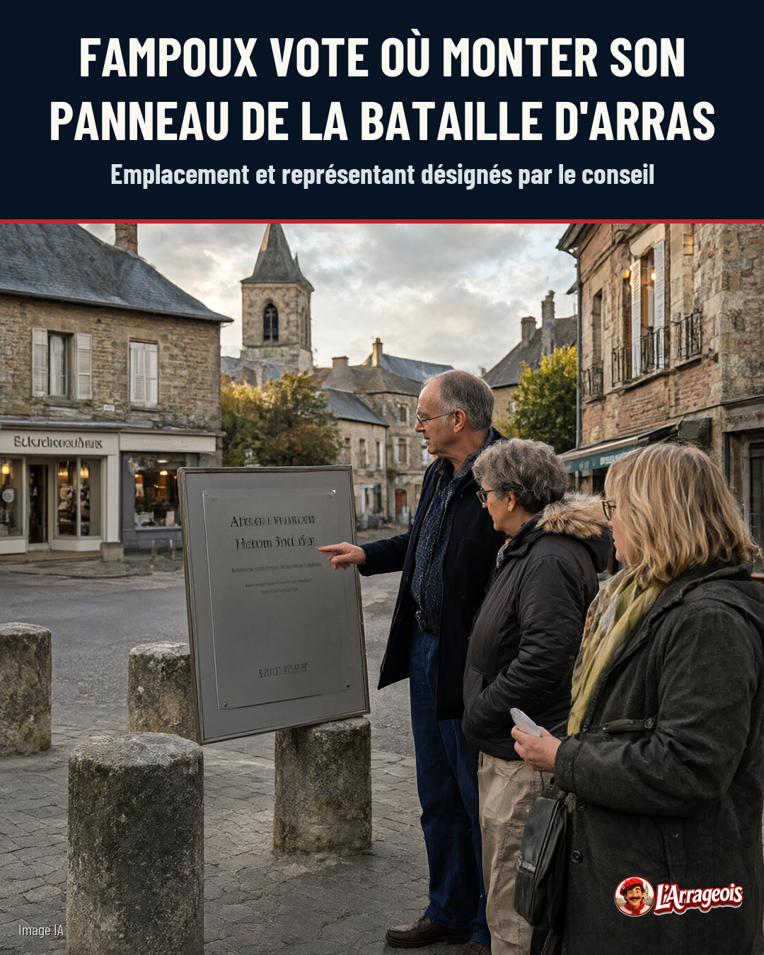 Trois personnes regardent un panneau métallique posé sur des bornes en pierre, dans une rue pavée avec des bâtiments en pierre et une église en arrière-plan.