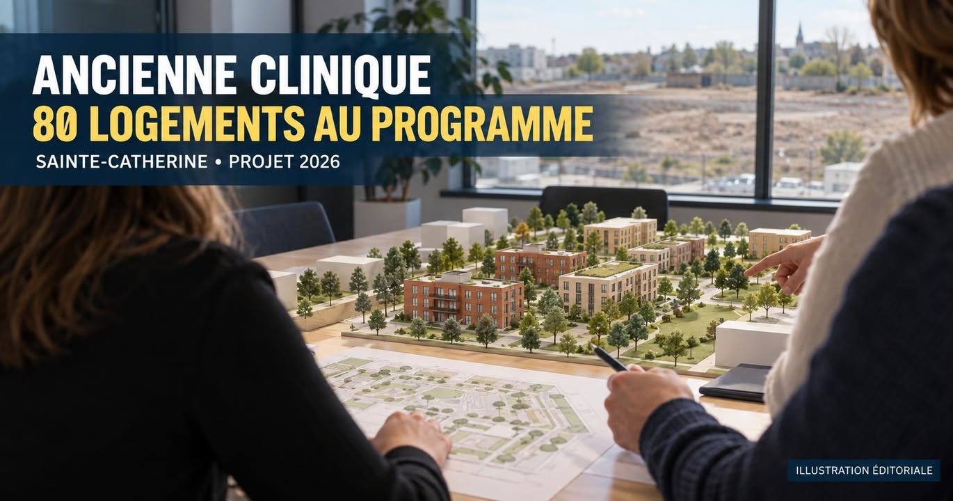 Deux personnes regardent un maquette d'architecture représentant des immeubles résidentiels et des arbres, posée sur une table avec des plans.