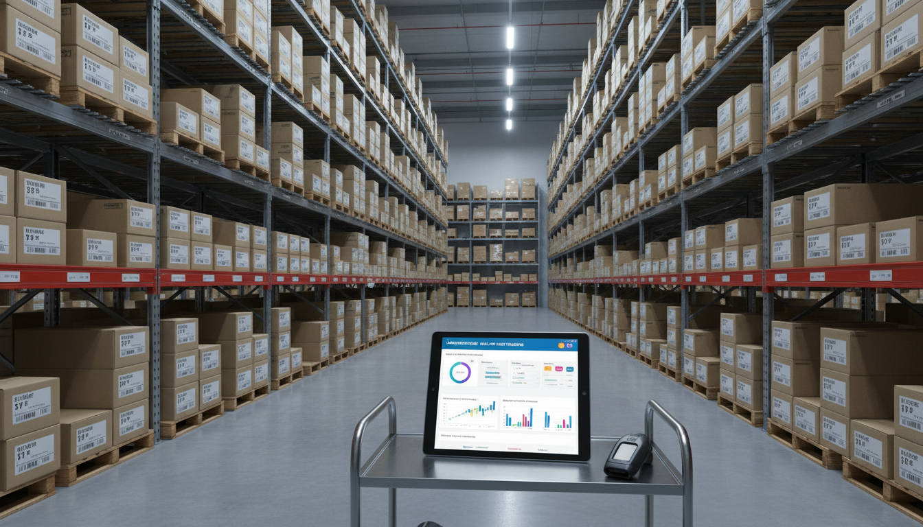 Voorraadbeheersysteem met tablet dashboard in magazijn omgeving