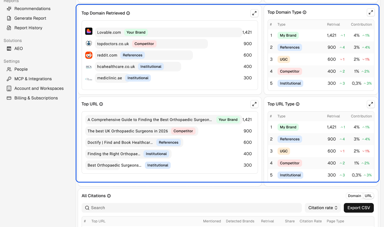 Top domains and URLs for one prompt